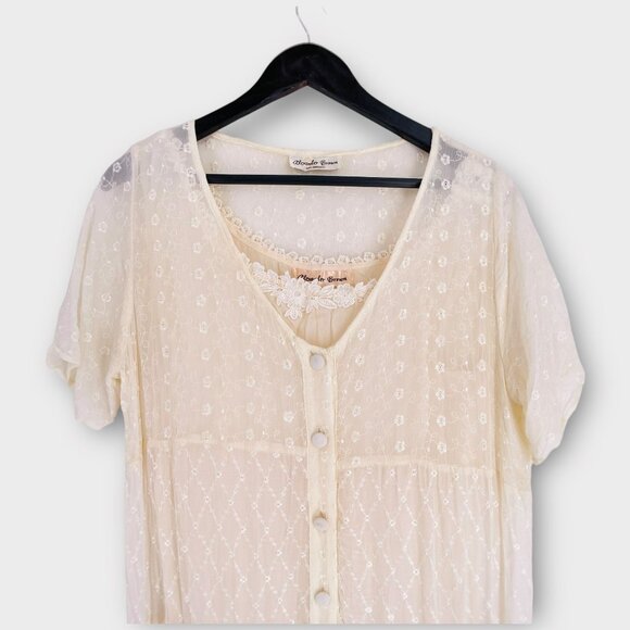 Vintage Alexander Brown Crinkle Eyelet Lace Layered Slip Embroidered Maxi Dress - Picture 6 of 9